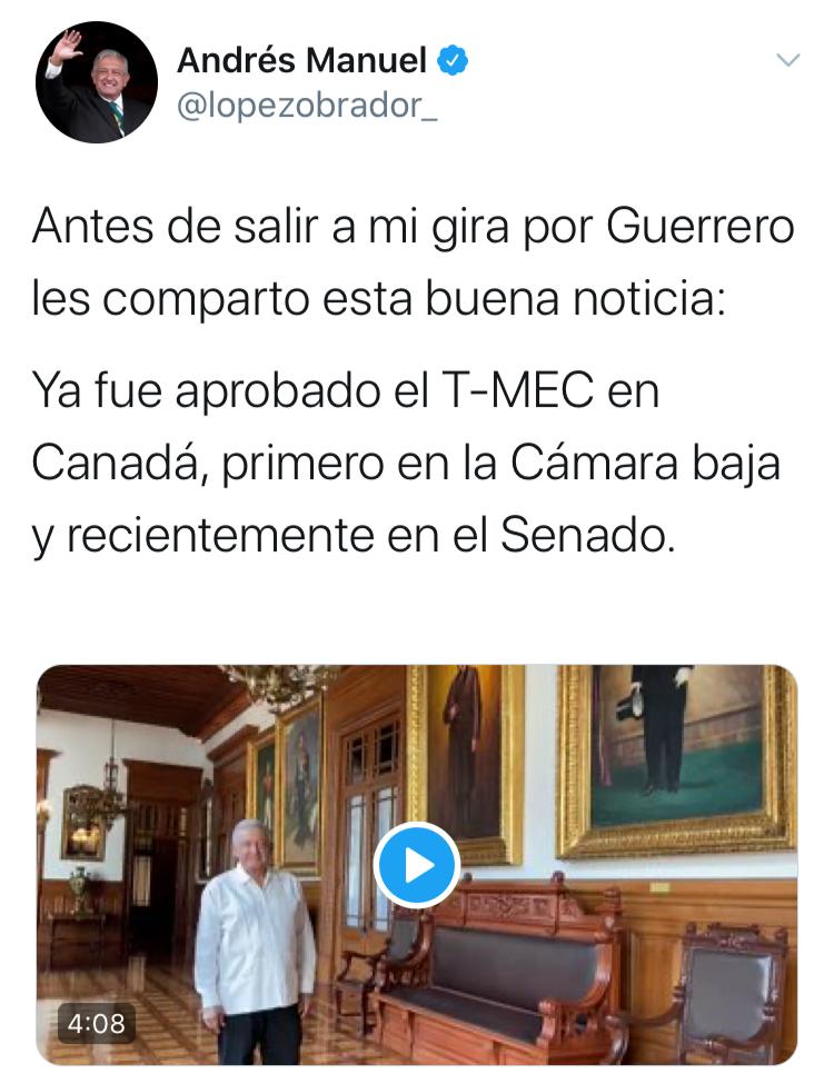 López Obrador destaca aprobación del T-MEC en Canadá
