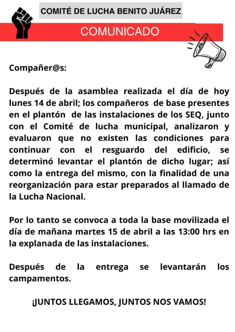 Tras 45 días de paro, los docentes acuerdan liberar instalaciones de la SEQ