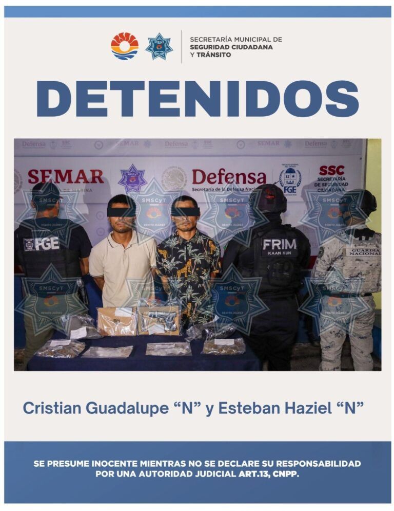 Policía de Cancún detiene a dos hombres por delitos contra la salud y rescata a dos menores